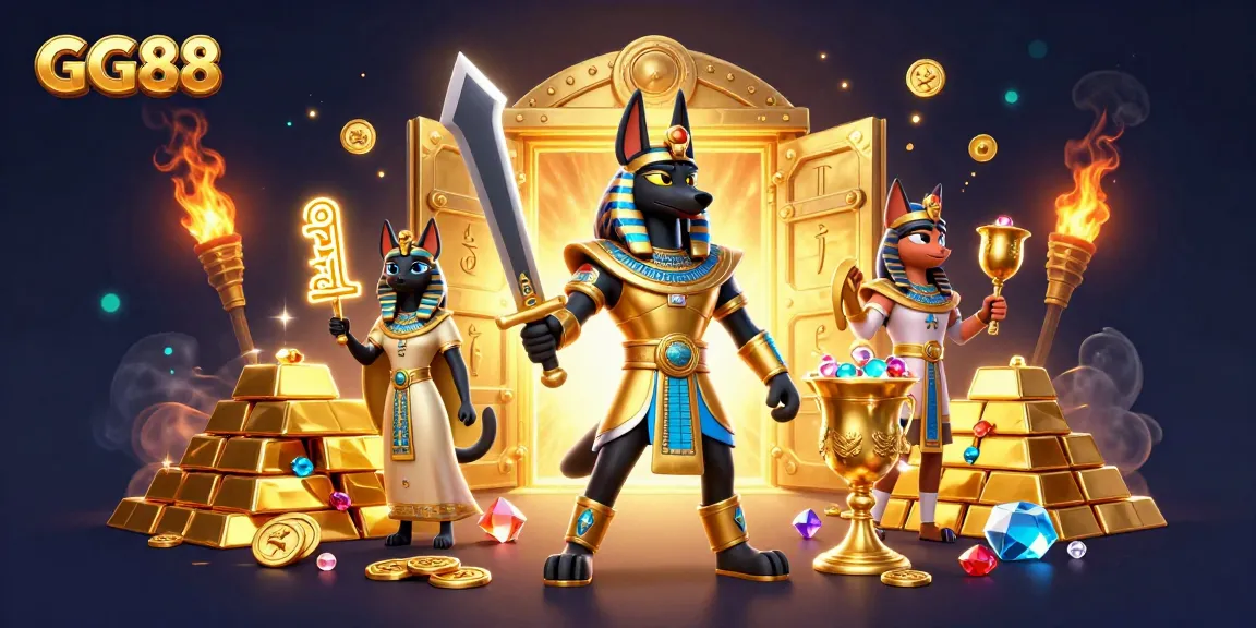 Engage with exciting GG88 casino games as a golden Anubis and Bastet illuminate the scene.
