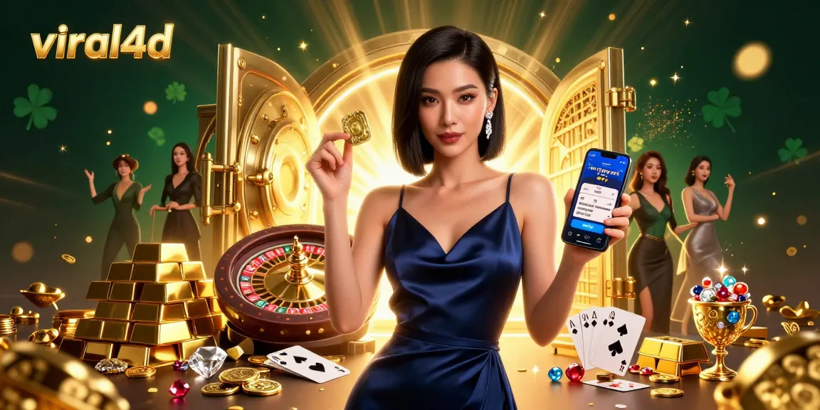 Engage with viral4d as an Asian woman celebrates casino wins with golden chips and gems.