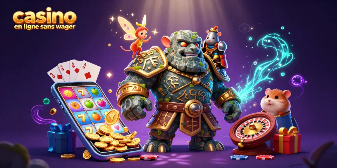 Illustration 3D du casino en ligne sans wager avec un golem gardien et un chevalier hamster, entourés d'éléments de jeu.