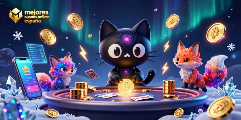 Explora los mejores casinos online en España con esta ilustración detallada de un gato cósmico en un entorno de juego vibrante.