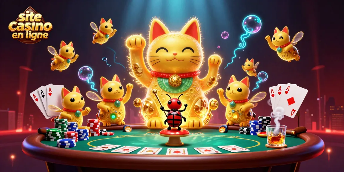 Admirez la scène vivante d'un site casino en ligne avec des feux follets dorés formant un chat porte-bonheur entouré de jetons de poker.