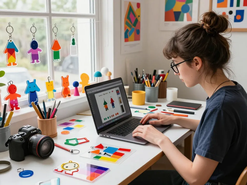 Custom acrylic keychain maker in a vibrant creative workspace crafting colorful designs.