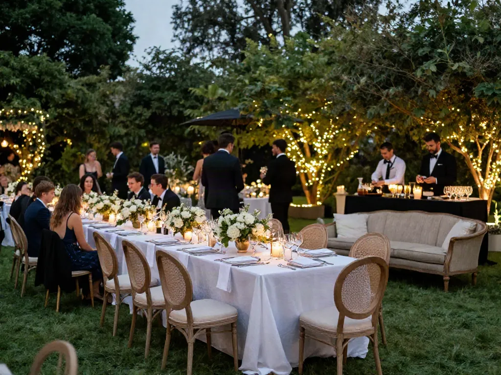 Premium event furniture rental showcasing an elegant wedding reception setup in an outdoor garden, with luxurious dining tables and floral decor.