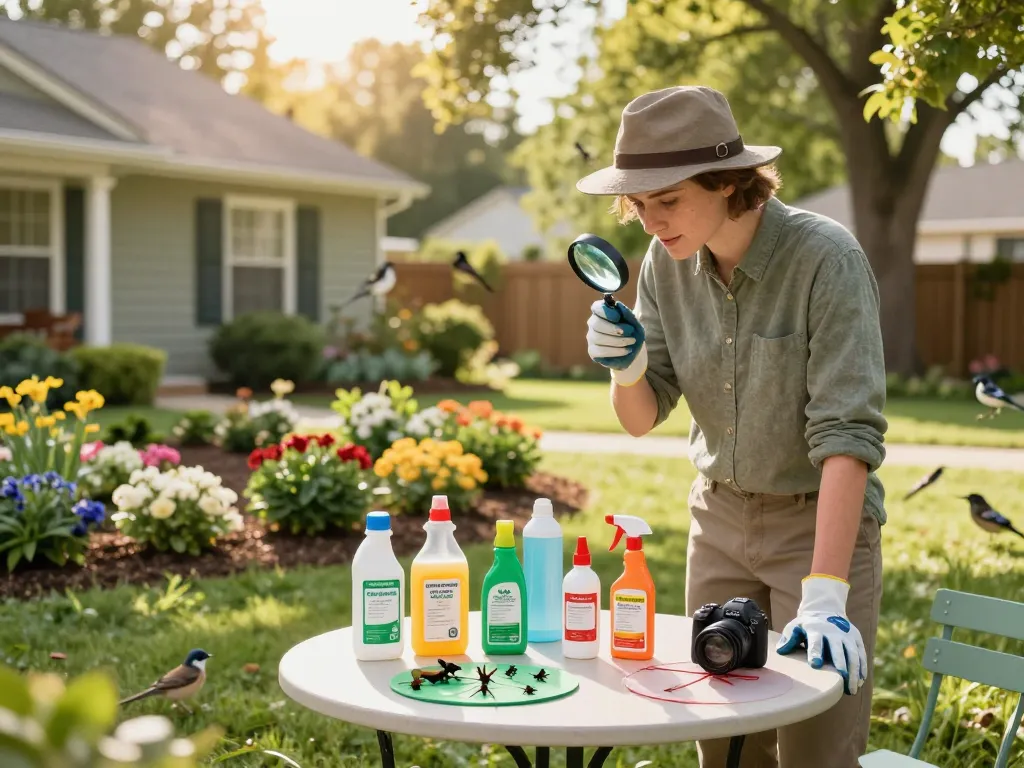 Pest prevention strategies in a suburban garden, featuring a homeowner inspecting plants with organic repellents nearby.