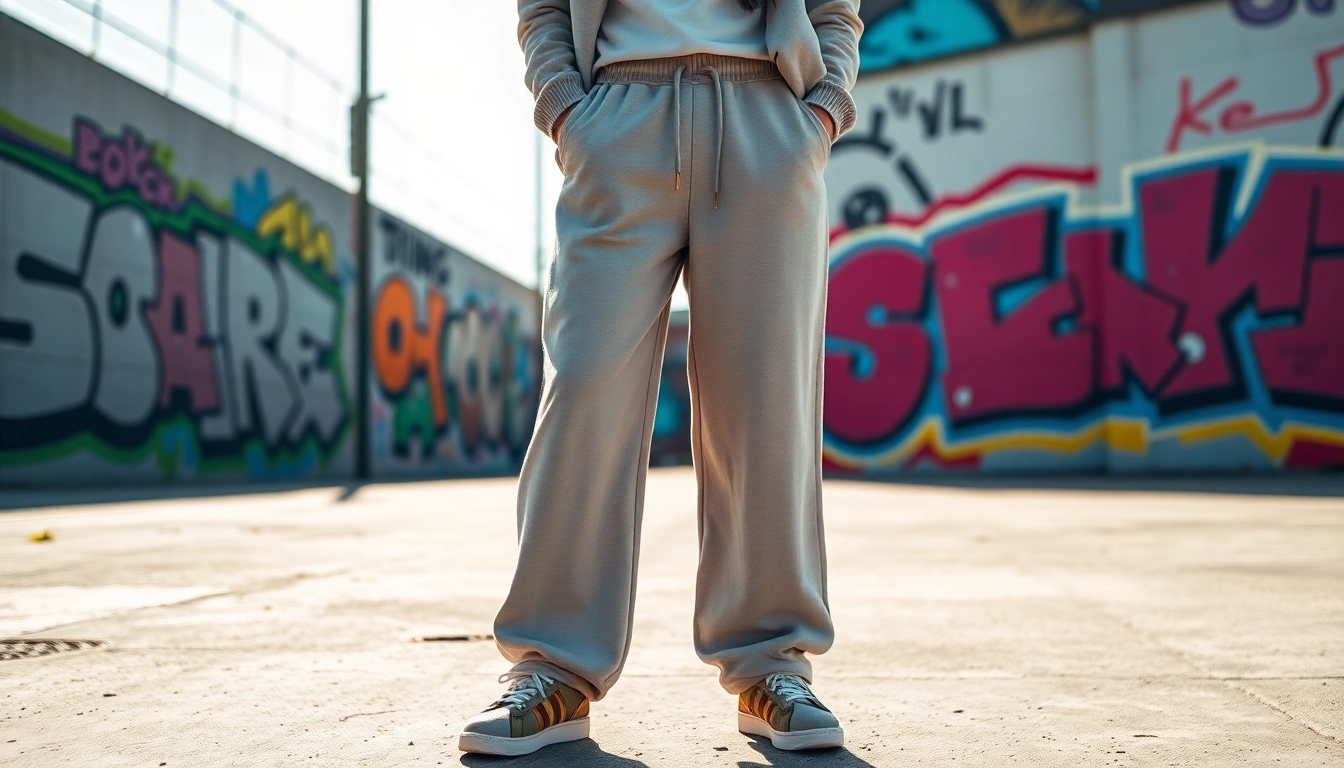 Model showcases trendy oversized sweatpants amidst vibrant street art backdrop.