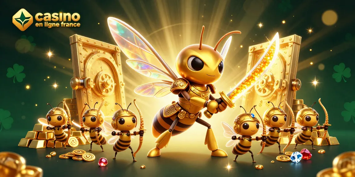 Cinquième illustration sur le thème de casino en ligne france, avec une illustration 3D d'une abeille guerrière, des trésors scintillants en arrière-plan.