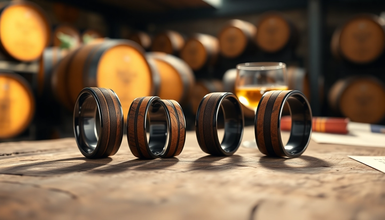 Admire Whiskey Barrel Wedding Bands highlighted against rustic wood for a sophisticated presentation.