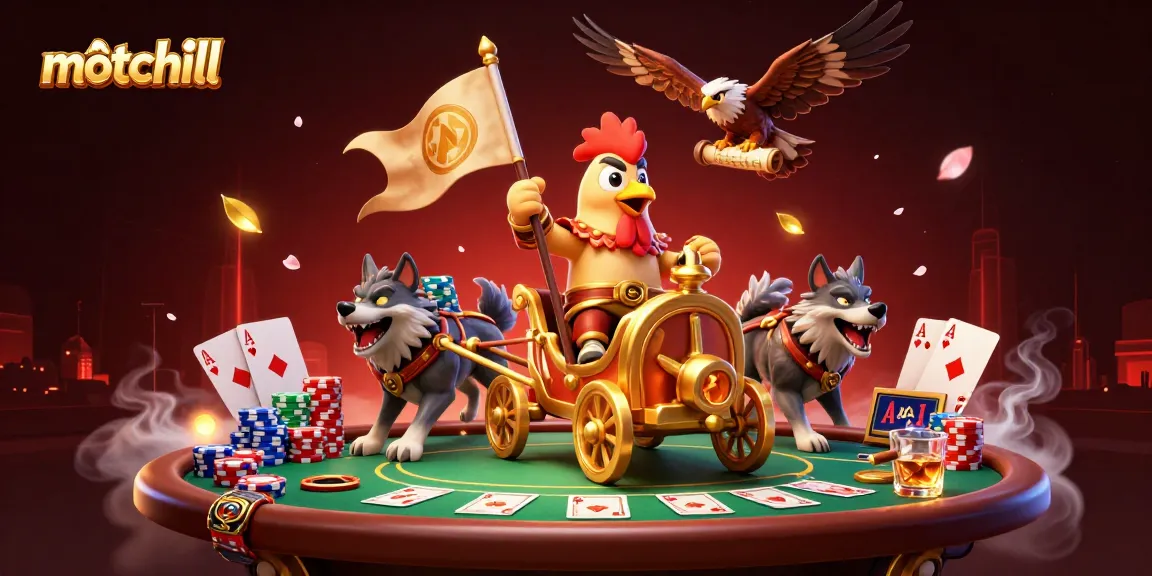 Experience the thrill of motchill with a vibrant poker scene featuring a rooster warlord amidst booming casino action.