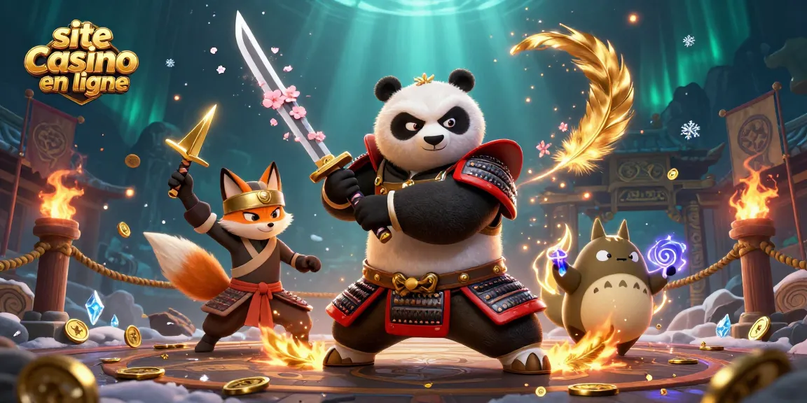 Jouez sur un site casino en ligne avec un panda samouraï dans une scène d'animation dynamique.