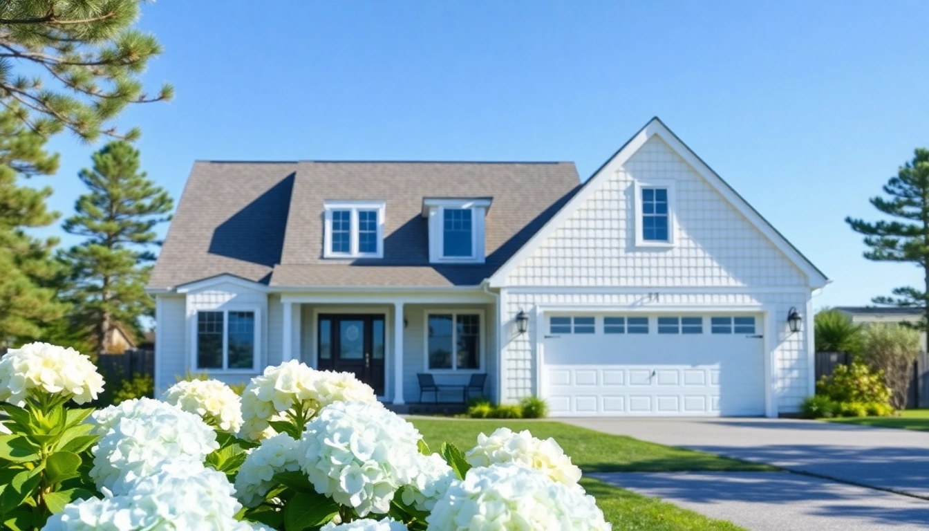 Cape Cod home with modern attached garage surrounded by blooming flowers.