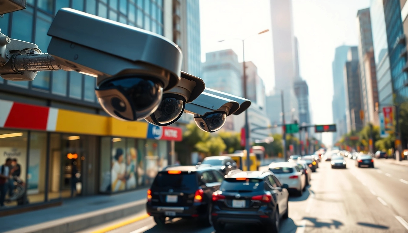 Automatic license plate recognition system capturing vehicle data in a busy cityscape.