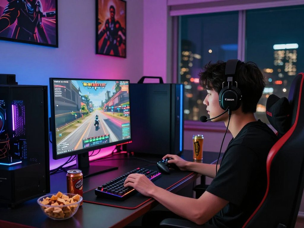 Engaged gamer participating in online competition with rokok88 login interface visible, energetic atmosphere with gaming gear.