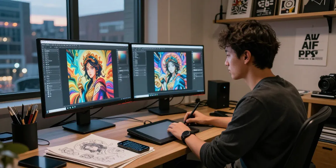 Artist creating unique ai nsfw images in a vibrant digital studio atmosphere with city view.
