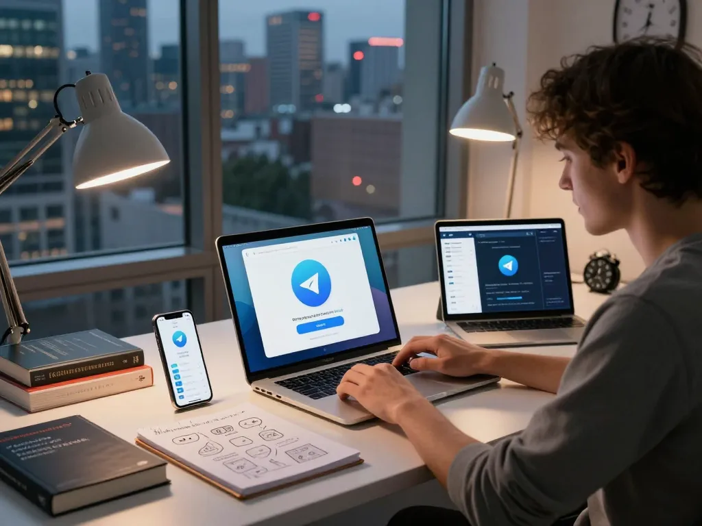 Person downloading telegram 下载 on Mac with multiple devices showcasing app interfaces in a modern workspace.
