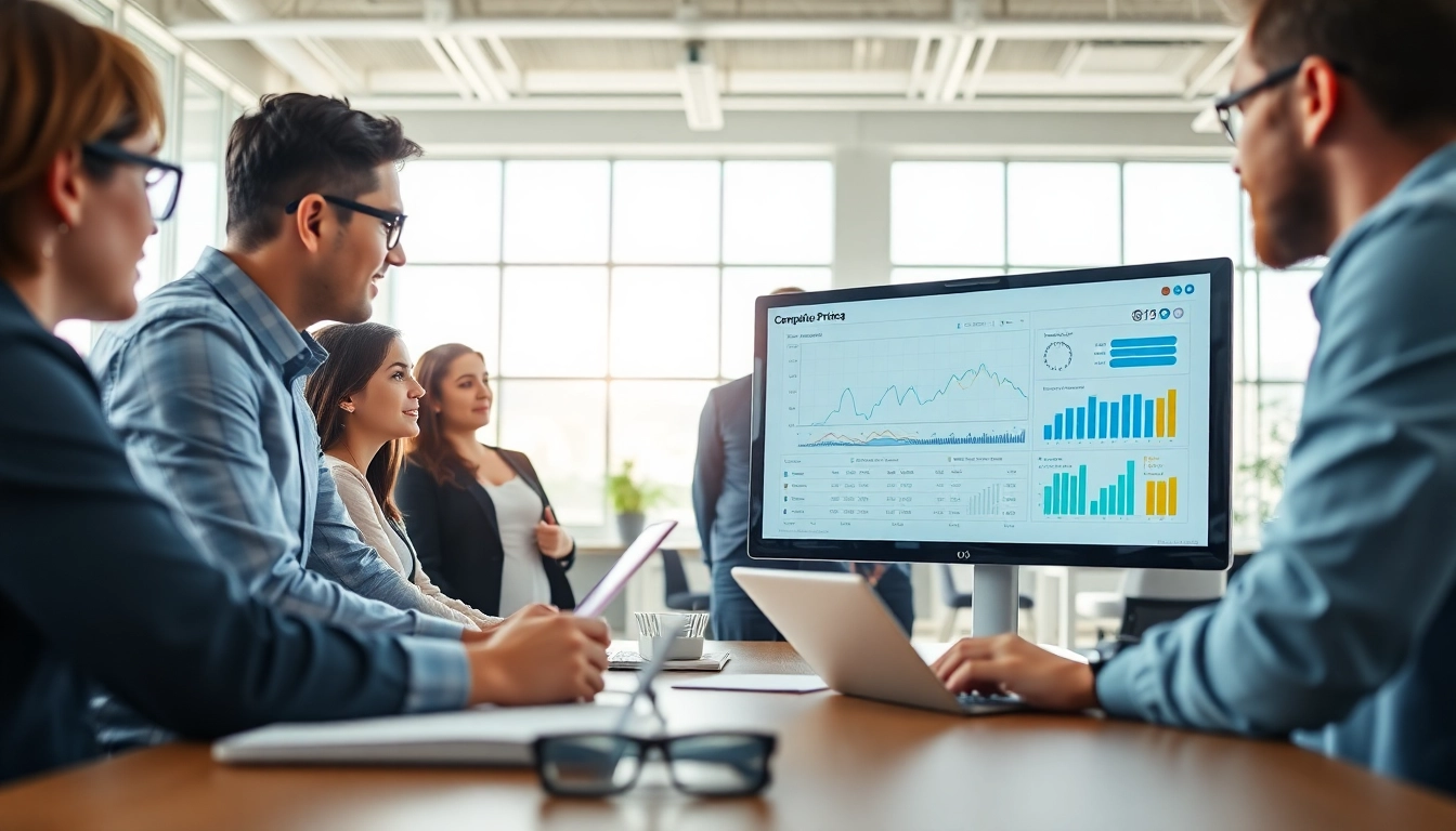 Analyze competitor pricing strategies in a professional office setting with business analysts.