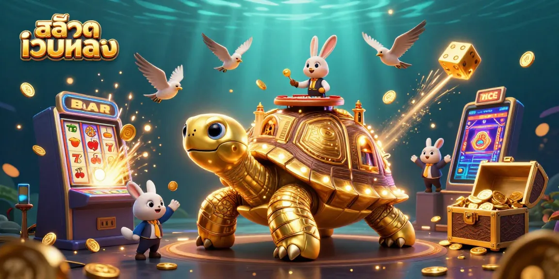Experience the thrill of สล็อตเว็บตรง with a vibrant 3D casino scene featuring a golden tortoise and jackpot elements.