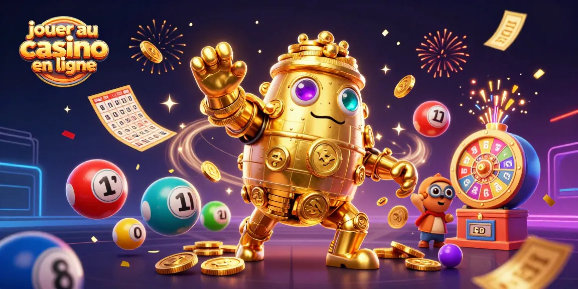 Jouer au casino en ligne avec un golem doré entouré de ballons de loterie et de confettis.