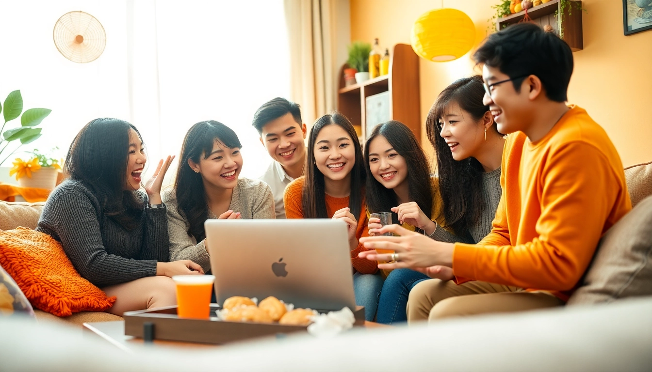 Watch Korean drama online with friends gathered around a laptop enjoying a warm and cozy atmosphere.