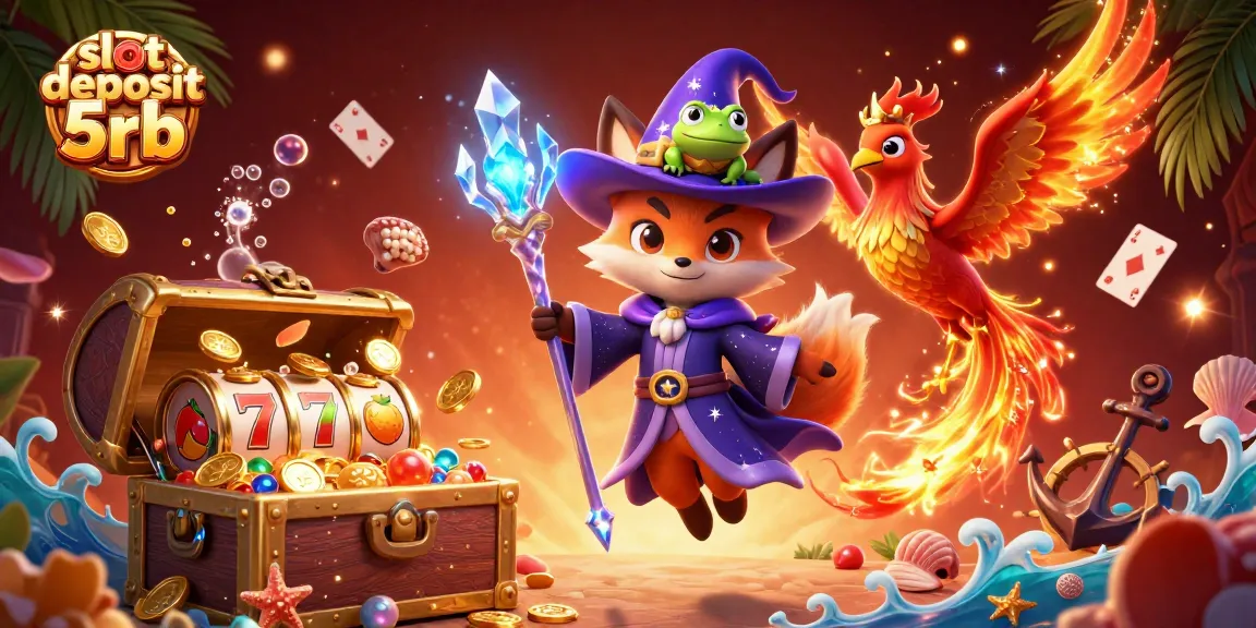 Experience thrilling gameplay with slot deposit 5rb, featuring exciting slot reels, golden coins, and magical characters.