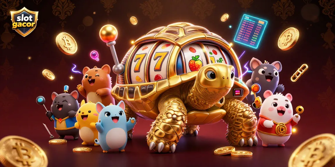 Spin the slot gacor reels as the golden tortoise mascot entertains with neon casino vibes.