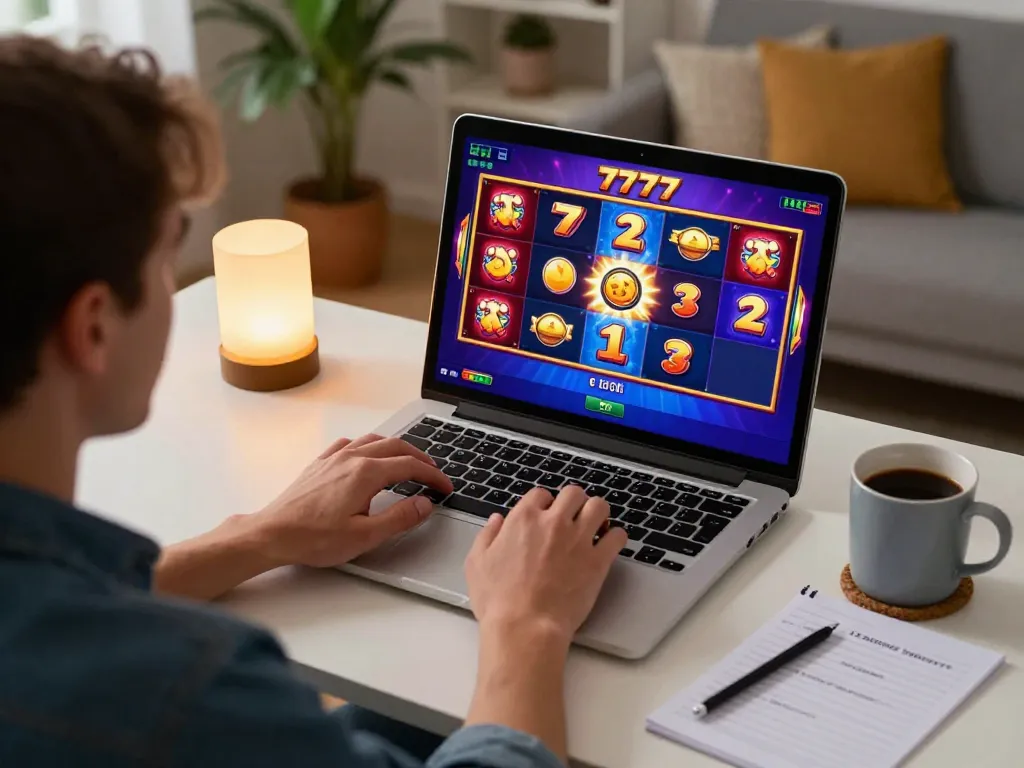 Engaging gameplay on slot777 with vibrant reels shown on laptop screen in cozy home setting.