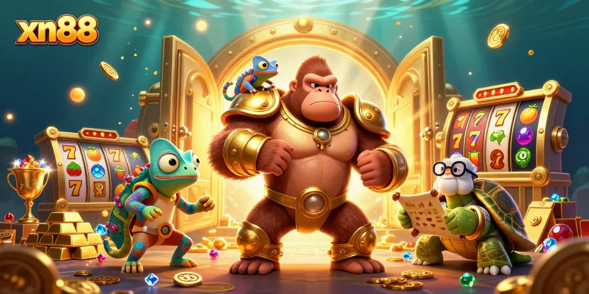 Experience excitement with xn88 slots led by a powerful gorilla king and vibrant game elements.
