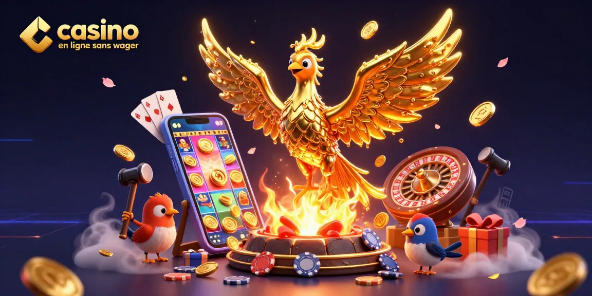 Gagnez au casino en ligne sans wager avec un phoenix doré et des jeux vibrants sur smartphone.