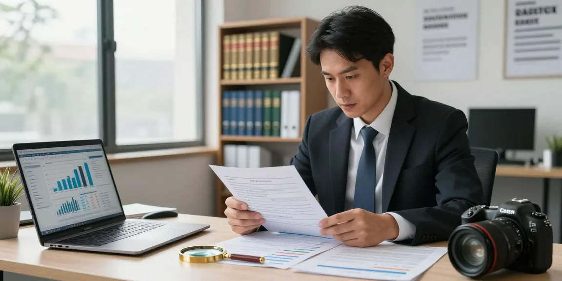 Analisa dokumen keuangan oleh auditor forensik aafikotacimahi.org dengan alat analisis di kantor modern.