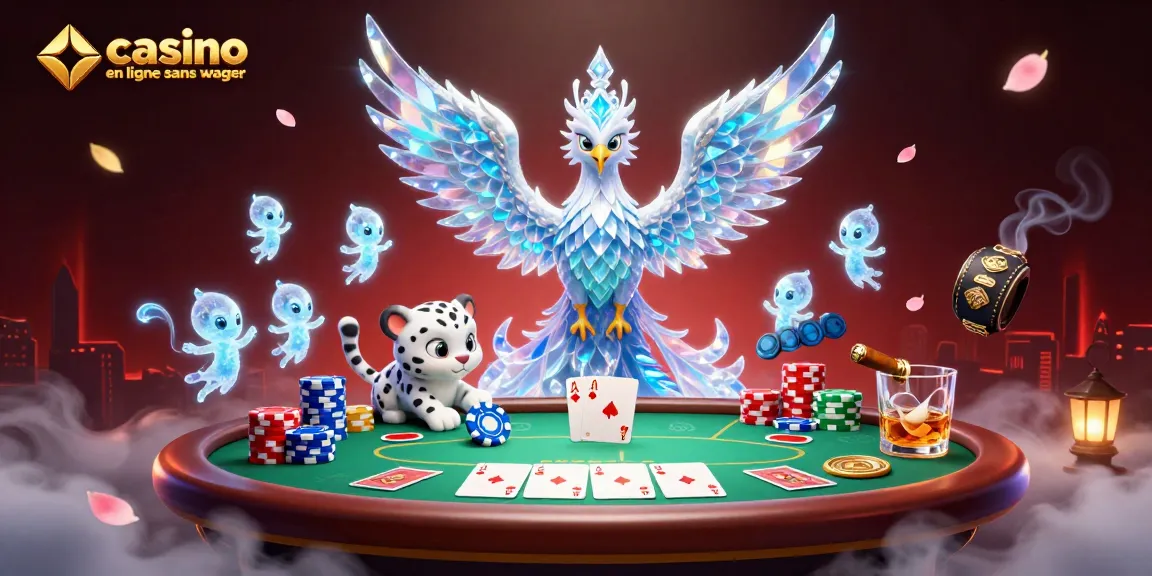 Illustration dynamique de casino en ligne sans wager avec un phénix de glace et un jeton de poker.