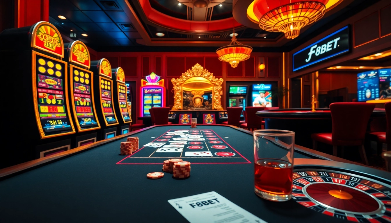 Experience a thrilling moment at F8BET with a luxurious casino table and vibrant slot machines.