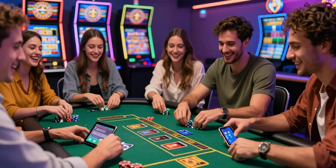 Exciting gathering around a gaming table at credit card casinos with friends enjoying card games and transactions, showcasing vibrant atmosphere and celebratory mood.