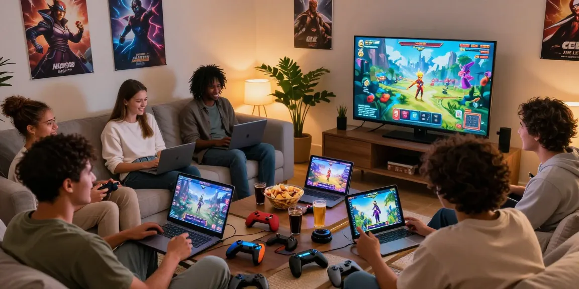 Engaging friends playing html porn games in a cozy living room setting, showcasing devices and vibrant graphics.