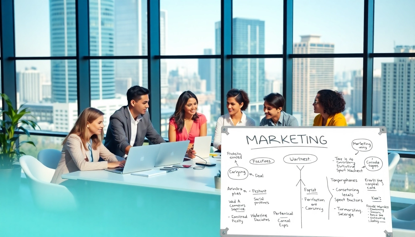 Engaging online marketing edmonton team collaborating in a bright, modern office setting.