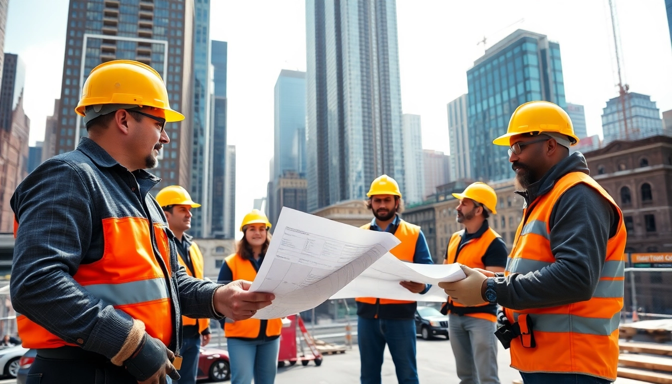New York City General Contractor managing a construction project with urban skyline.