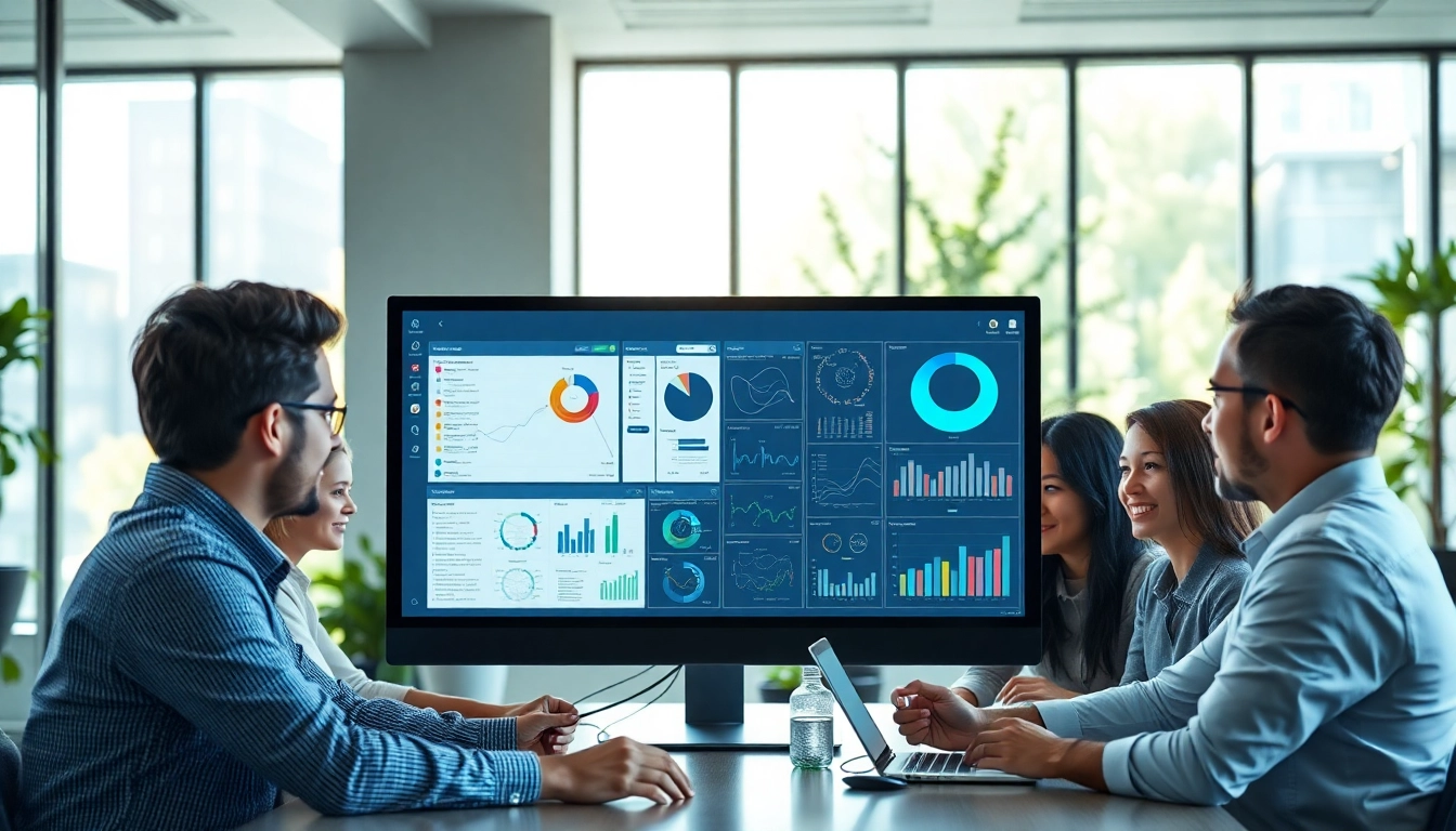 Showcase of AI enterprise search solution enhancing teamwork through technology in a vibrant office environment.