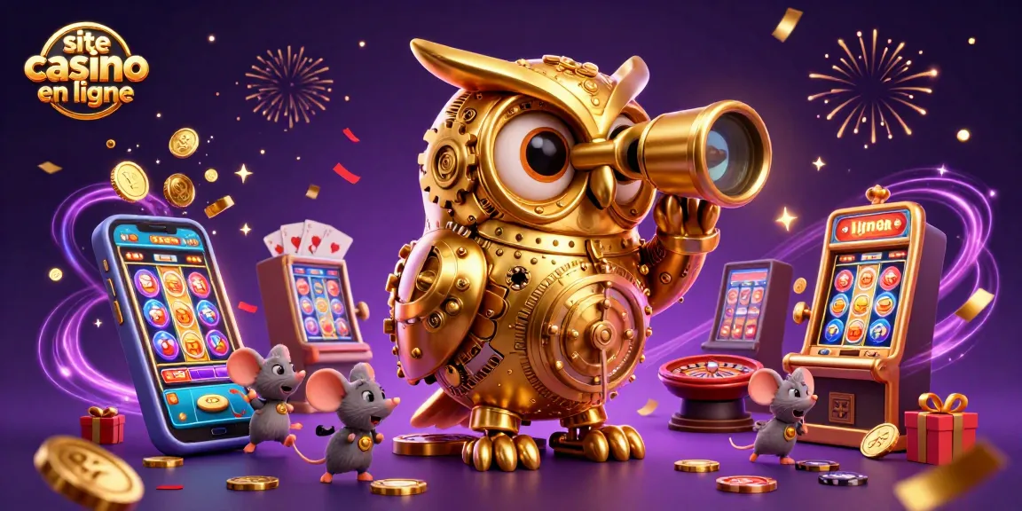 Un fantastique site casino en ligne avec des jeux de machines à sous et une ambiance festive, mettant en vedette une chouette mécanique en or et des souris animées.