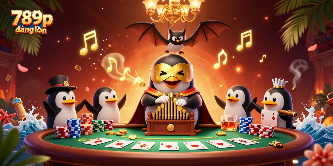 Engage with the vibrant scene featuring 789p đăng nhập as the penguin character plays, surrounded by dynamic poker game elements.