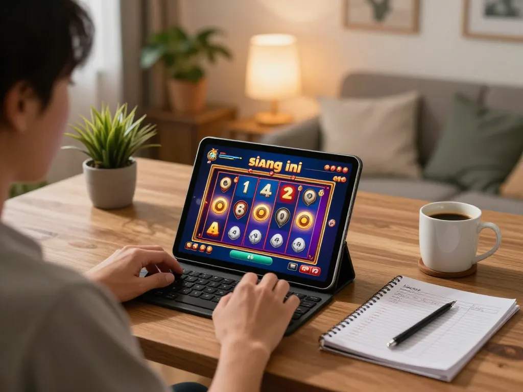 Engaging in slot gacor siang ini on tablet while managing bankroll notes at home.