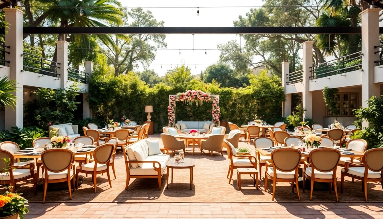 Setting up Event Furniture Rentals in a beautiful garden for a memorable outdoor occasion.