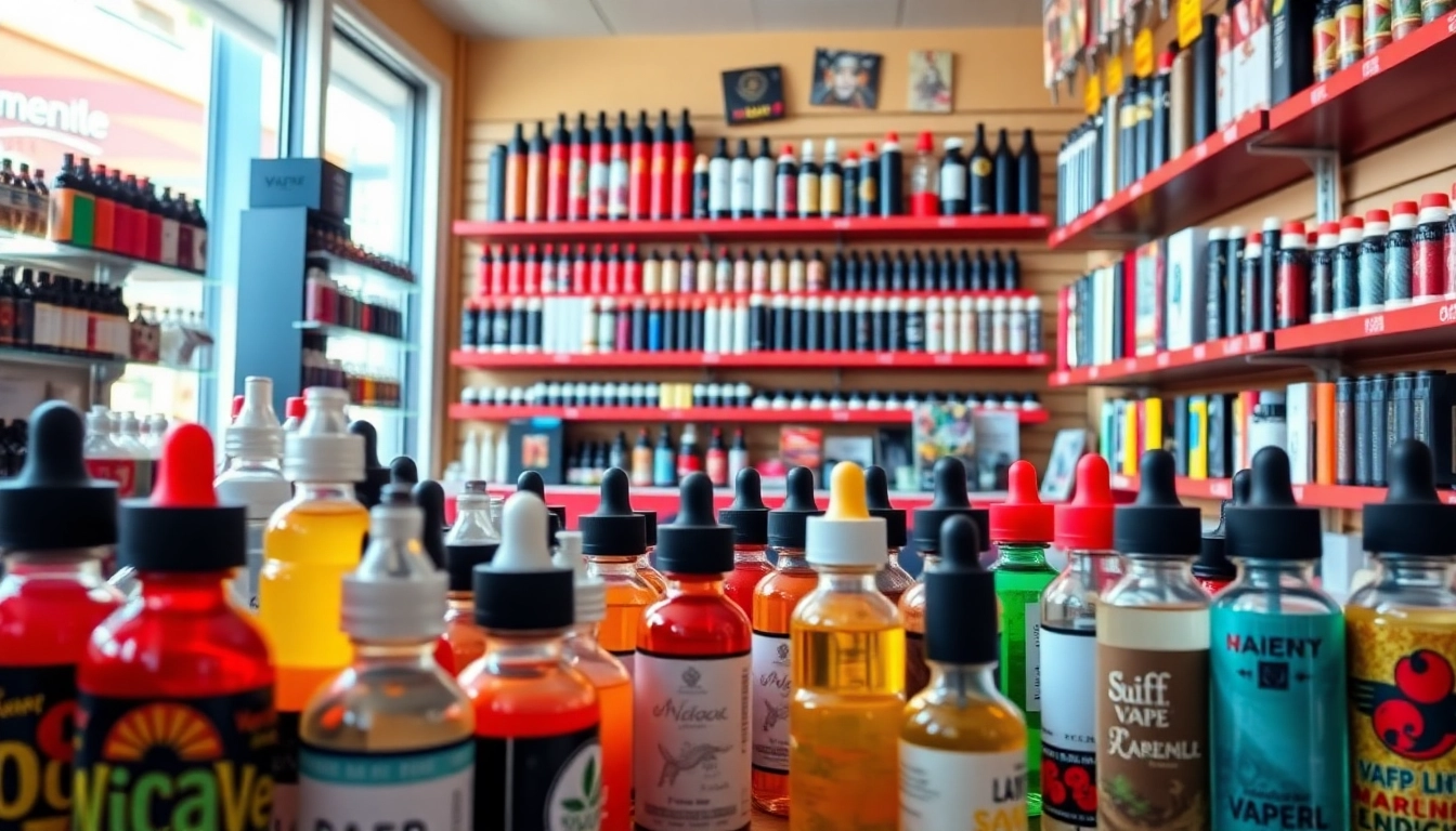 Vape Juice Depot featuring a variety of colorful vape juice bottles and accessories in a well-lit shop.
