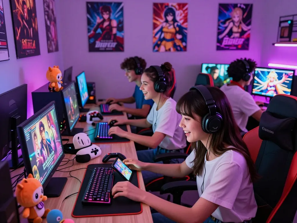 Gamers enjoying engaging porno games in a lively gaming lounge with colorful decor.