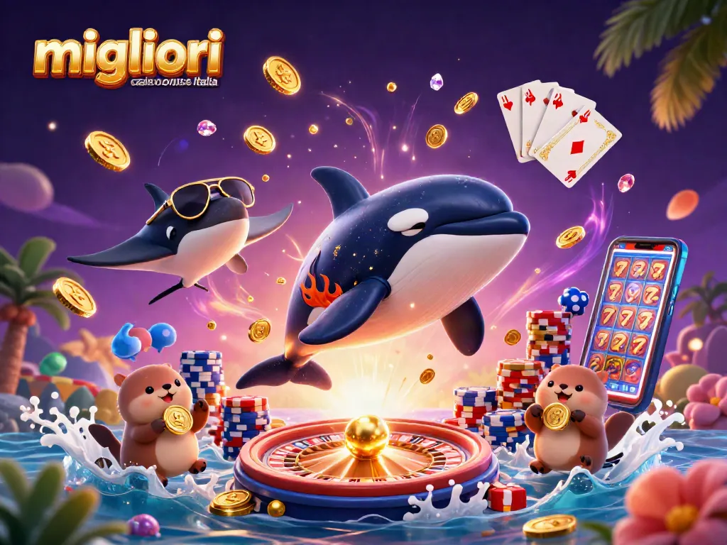 I migliori casino online Italia in un'illustrazione vivace che mostra orca, stingray e nutrie galleggianti con monete d'oro.