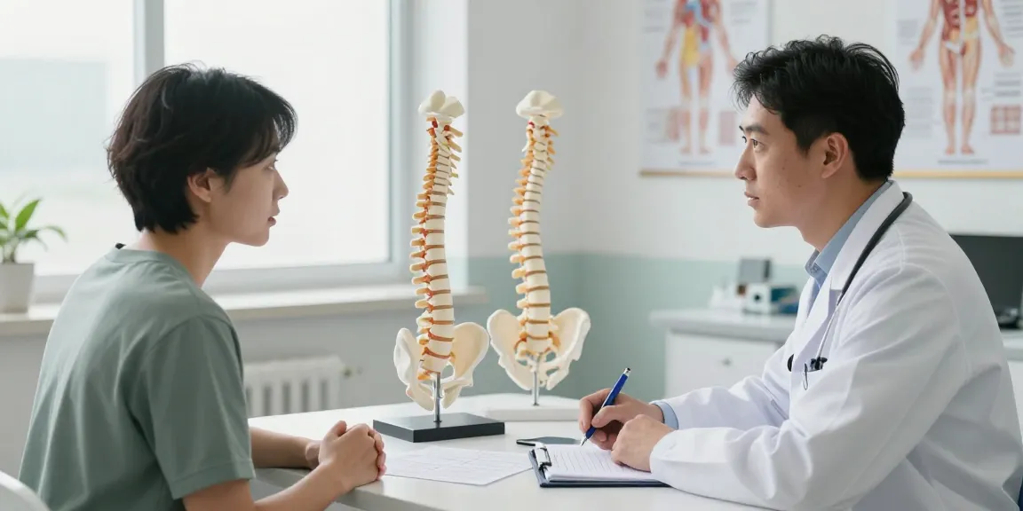 Patient discussing boyun fıtığı ameliyatı with orthopedic surgeon in a clinic