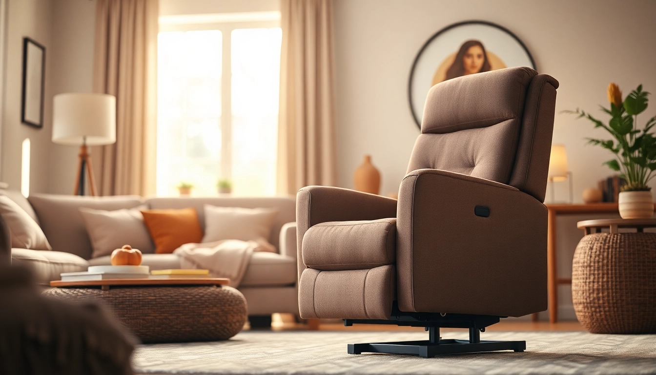 Comfortable power lift recliner with heat and massage in a cozy living room setting.