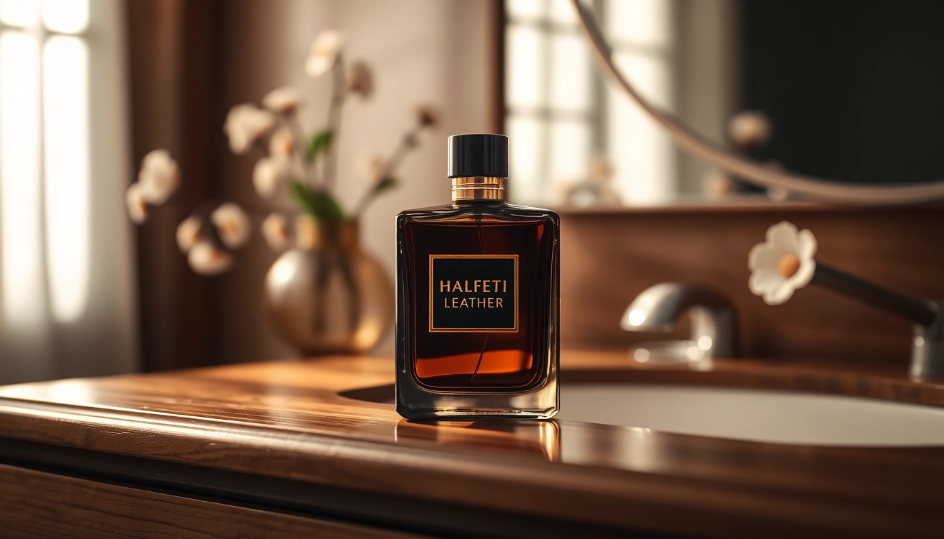 Showcase the Halfeti Leather fragrance bottle amidst a serene setting, highlighting its luxurious features.