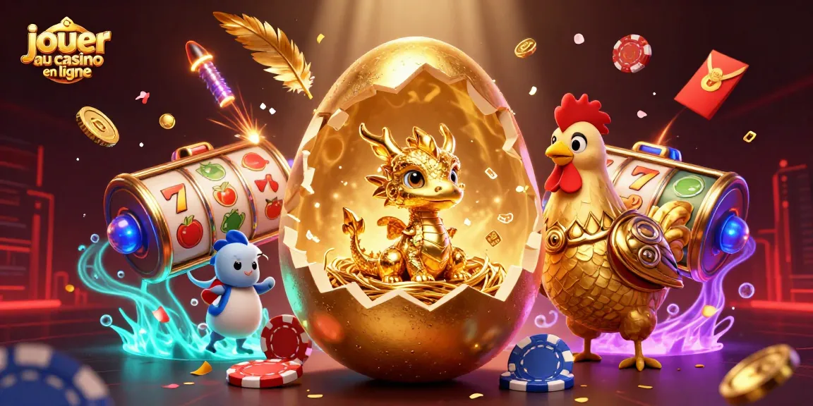 Jouer au casino en ligne avec une illustration 3D colorée d'un œuf d'or, un dragon et des jetons de poker.