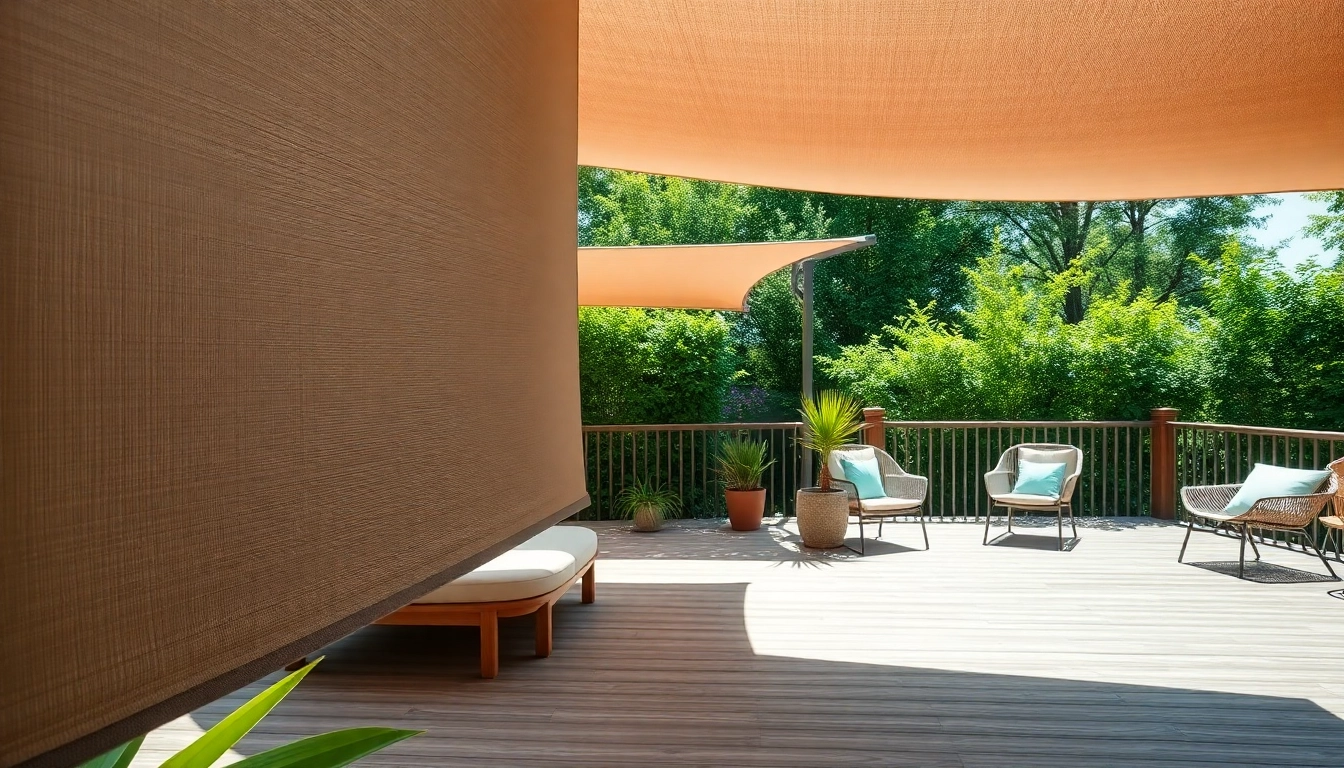 Outdoor Shades casting shadows in a tranquil backyard lounge setting.