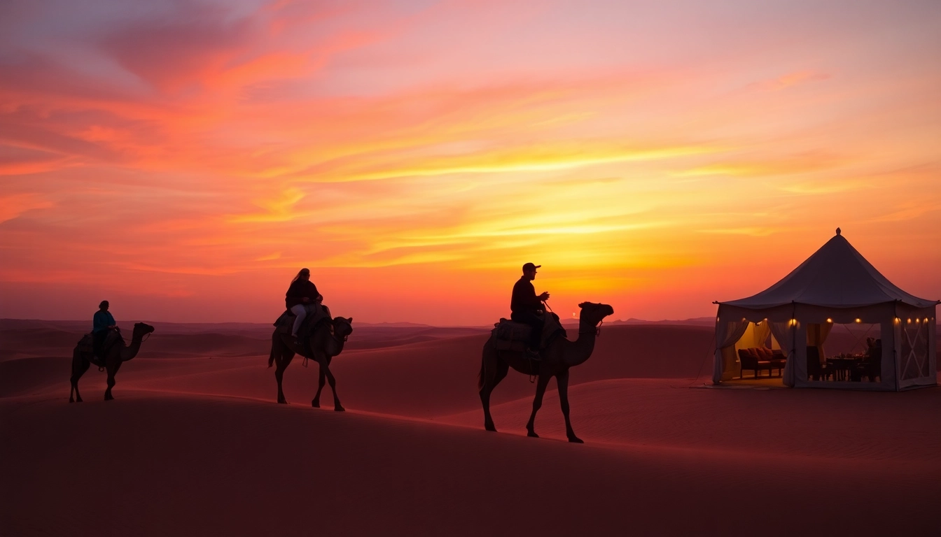 Agafay desert camel ride and dinner with a show at sunset, showcasing travelers enjoying a serene experience.
