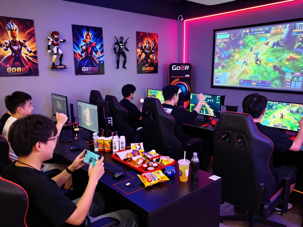 Players enjoying Go88 in a vibrant gaming room with mobile devices and snacks.