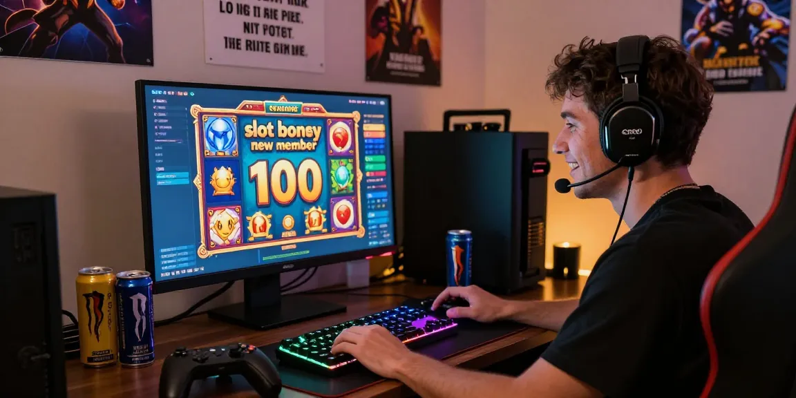 Player celebrating a win with slot bonus new member 100 on a vibrant gaming screen amidst colorful graphics.